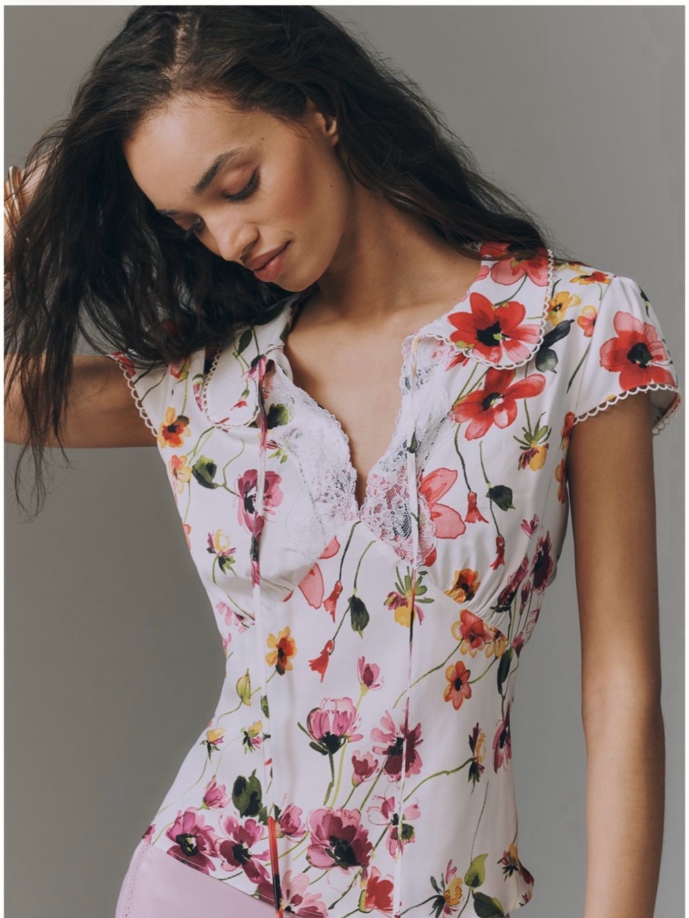 Anthropologie by Anthropologie Floral Lace Trim Cap Sleeve Blouse
